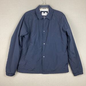 TOPMAN Mens Medium Snap Bomber Jacket Blue Nylon Lined Pockets Outdoor Casual